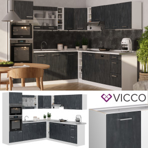 Vicco Eckküche R-Line 247x237 cm Schwarz Beton Weiß ohne Arbeitsplatte