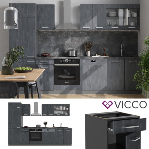 Vicco Küchenzeile R-Line 300 cm Schwarz Beton Anthrazit mit Arbeitsplatte Weiß Marmor