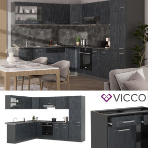Vicco Eckküche R-Line 287x227 cm Schwarz Beton Anthrazit ohne Arbeitsplatte