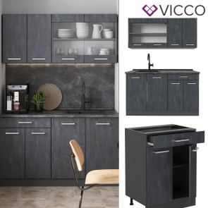 Vicco Singleküche R-Line 140 cm Schwarz Beton Anthrazit mit Arbeitsplatte Weiß Marmor