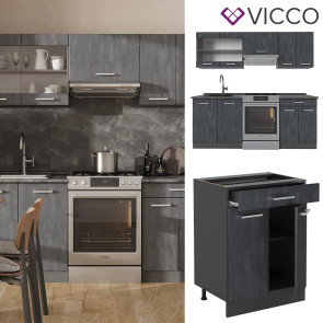 Vicco Küchenzeile R-Line 200 cm Schwarz Beton Anthrazit mit Arbeitsplatte Weiß Marmor