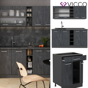 Vicco Singleküche R-Line 160 cm Schwarz Beton Anthrazit mit Arbeitsplatte Weiß Marmor