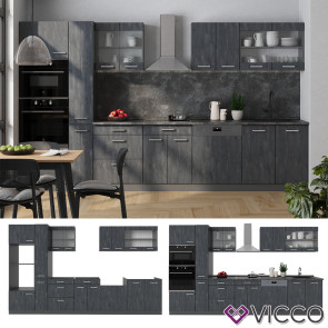 Vicco Küchenzeile R-Line 350 cm Schwarz Beton Anthrazit mit Arbeitsplatte Eiche
