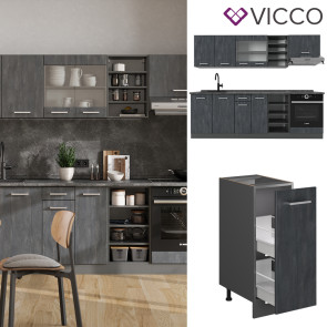 Vicco Küchenzeile R-Line 240 cm Schwarz Beton Anthrazit mit Arbeitsplatte Weiß Marmor