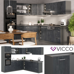 Vicco Eckküche R-Line 247x237 cm Schwarz Beton Anthrazit mit Arbeitsplatte Weiß Marmor