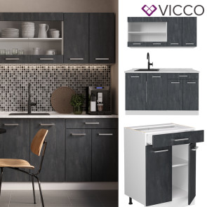 Vicco Singleküche R-Line 140 cm Schwarz Beton Weiß ohne Arbeitsplatte