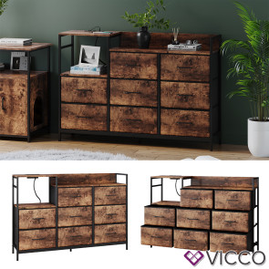 Vicco Kommode Brian Eiche 132 x 30 cm mit 8 Schubladen und USB-Ladestation