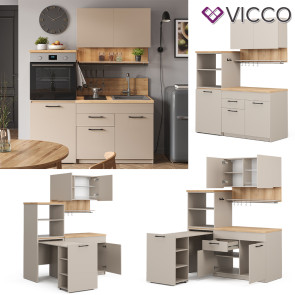 Vicco Singleküche Egbert Greige Eiche 160 cm mit ausziehbarem Tisch