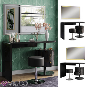 Vicco Schminktisch Lara Schwarz Hochglanz 120 cm mit LED-Spiegel und Hocker