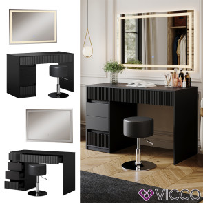 Vicco Schminktisch Omira Schwarz 120 cm mit LED-Spiegel und Hocker