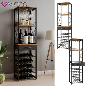 Vicco Weinregal Porto Eiche rustikal Schwarz 40 x 147,5 cm mit Schublade