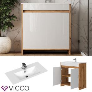 Vicco Waschbecken mit Unterschrank Lemgo Eiche Weiß 80 cm