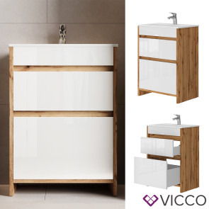 Vicco Waschbecken mit Unterschrank Detmold Eiche Weiß 60 cm