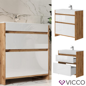 Vicco Waschbecken mit Unterschrank Detmold Eiche Weiß 80 cm