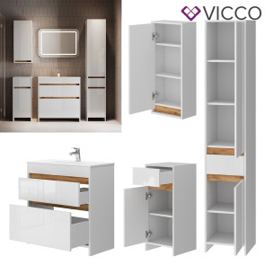 Vicco Badmöbel-Set Detmold Weiß Hochglanz Eiche 80 cm 5 Teile