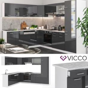 VICCO  Eck Küche R-Line Anthrazit hochglanz + Arbeitsplatten