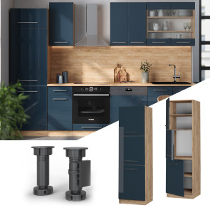 Vicco Herdschrank Fame-Line Eiche Dunkelblau Hochglanz 60 cm 3 Türen