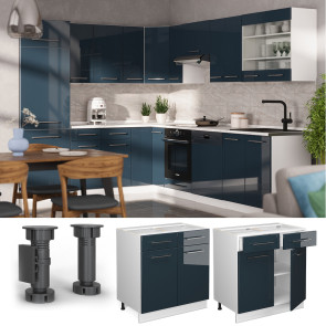 Vicco Schubunterschrank Fame-Line Weiß Dunkelblau Hochglanz 80 cm mit Arbeitsplatte Eiche