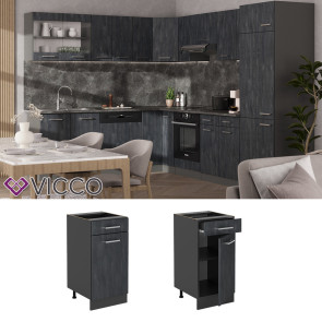 Vicco Schubunterschrank R-Line Schwarz Beton Anthrazit 40 cm mit Arbeitsplatte Anthrazit