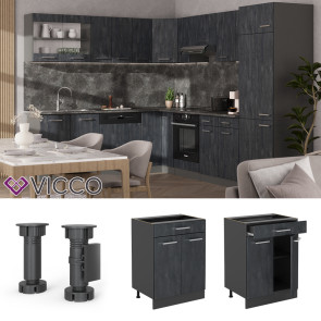 Vicco Schubunterschrank R-Line Schwarz Beton Anthrazit 60 cm mit Arbeitsplatte Anthrazit