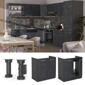 Vicco Spülenunterschrank R-Line Schwarz Beton Anthrazit 80 cm mit Arbeitsplatte Anthrazit