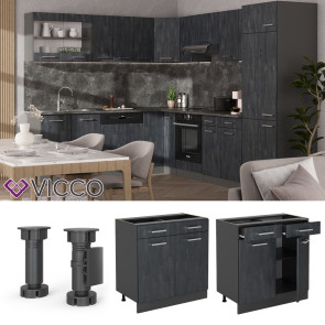 Vicco Schubunterschrank R-Line Schwarz Beton Anthrazit 80 cm mit Arbeitsplatte Anthrazit
