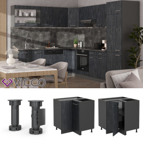 Vicco Eckunterschrank R-Line Schwarz Beton Anthrazit 87 cm mit Arbeitsplatte Anthrazit