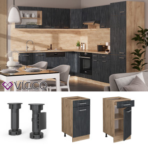 Vicco Schubunterschrank R-Line Schwarz Beton Eiche 40 cm mit Arbeitsplatte Weiß-Marmor