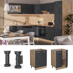 Vicco Unterschrank R-Line Schwarz Beton Eiche 60 cm mit Arbeitsplatte Anthrazit