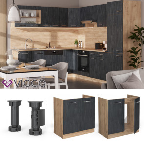Vicco Spülenunterschrank R-Line Schwarz Beton Eiche 80 cm mit Arbeitsplatte Eiche