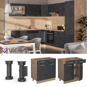Vicco Schubunterschrank R-Line Schwarz Beton Eiche 80 cm mit Arbeitsplatte Anthrazit
