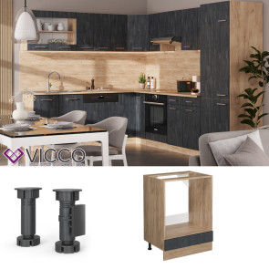 Vicco Herdumbauschrank R-Line Schwarz Beton Eiche 60 cm mit Arbeitsplatte Weiß-Marmor
