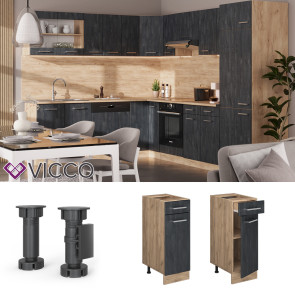 Vicco Schubunterschrank R-Line Schwarz Beton Eiche 30 cm mit Arbeitsplatte Anthrazit