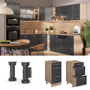 Vicco Schubladenunterschrank R-Line Schwarz Beton Eiche 40 cm mit Arbeitsplatte Anthrazit