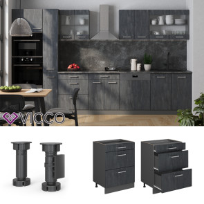 Vicco Schubladenunterschrank R-Line Schwarz Beton Anthrazit 60 cm mit Arbeitsplatte Eiche