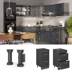 Vicco Schubladenunterschrank R-Line Schwarz Beton Anthrazit 40 cm mit Arbeitsplatte Anthrazit