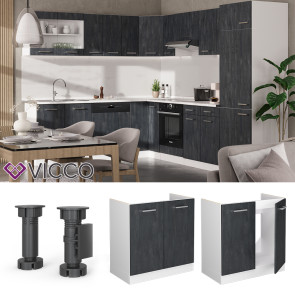 Vicco Spülenunterschrank R-Line Schwarz Beton Weiß 80 cm ohne Arbeitsplatte